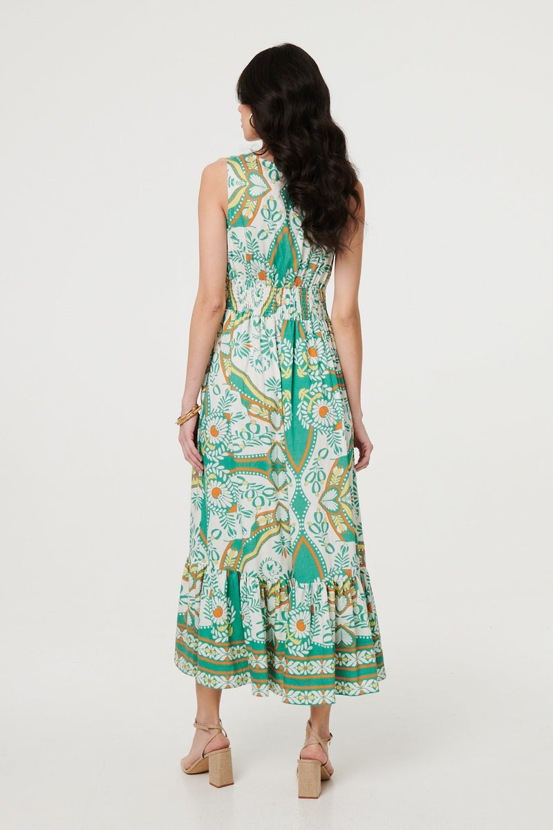 Printed Sleeveless Tie Empire Maxi Dress