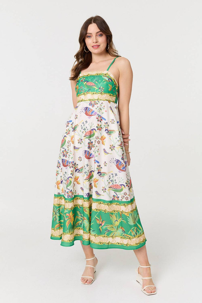 Tropical Print Cami Strap Midi Dress