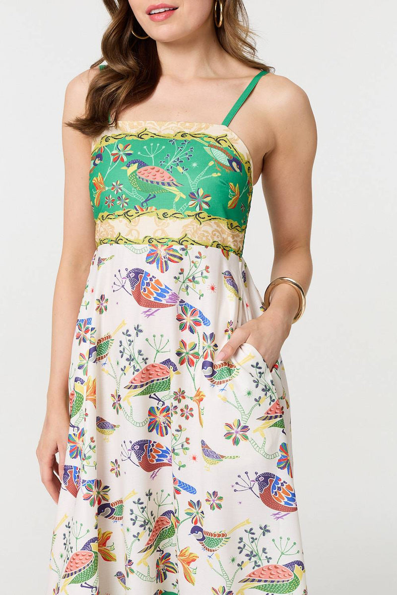 Tropical Print Cami Strap Midi Dress