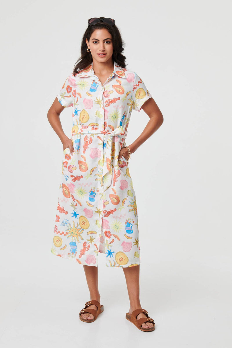 Abstract Tie Waist Midi Shirt Dress