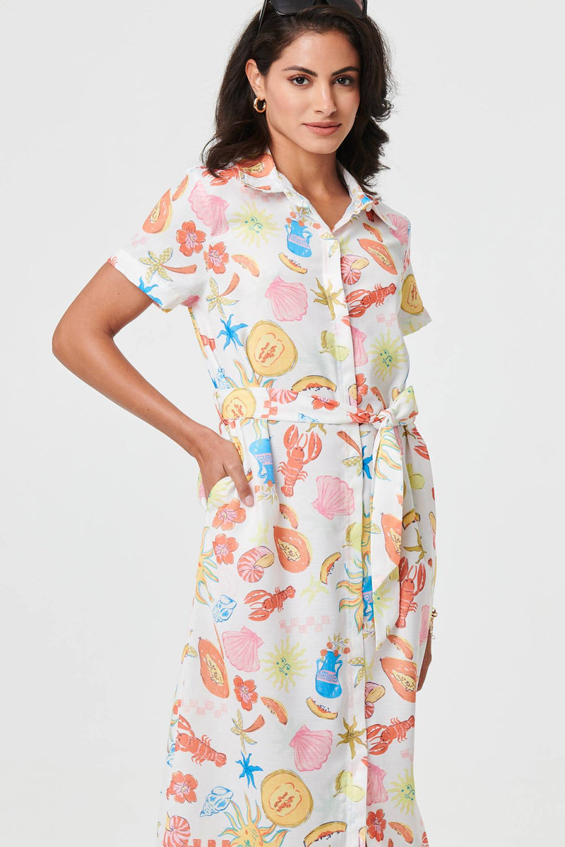 Abstract Tie Waist Midi Shirt Dress