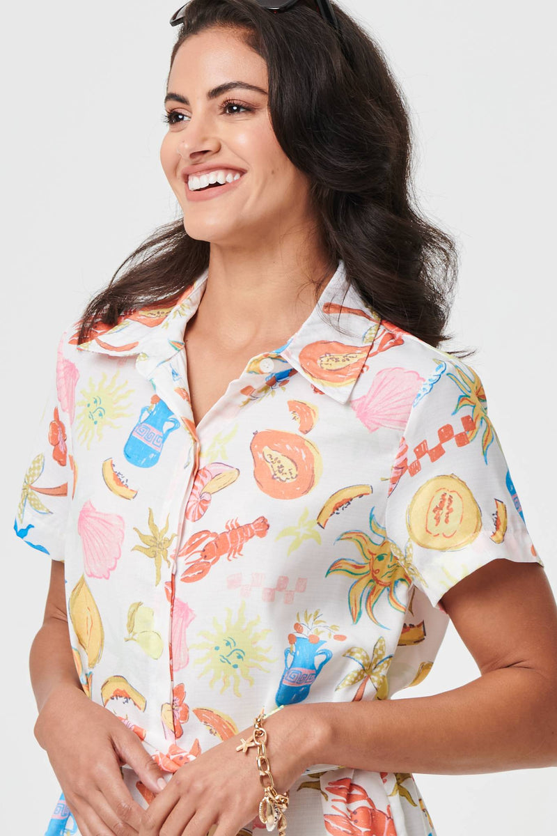 Abstract Tie Waist Midi Shirt Dress