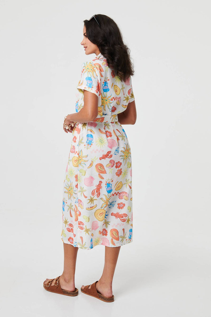 Abstract Tie Waist Midi Shirt Dress