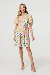 Patchwork Print Knee Length Shirt Dress