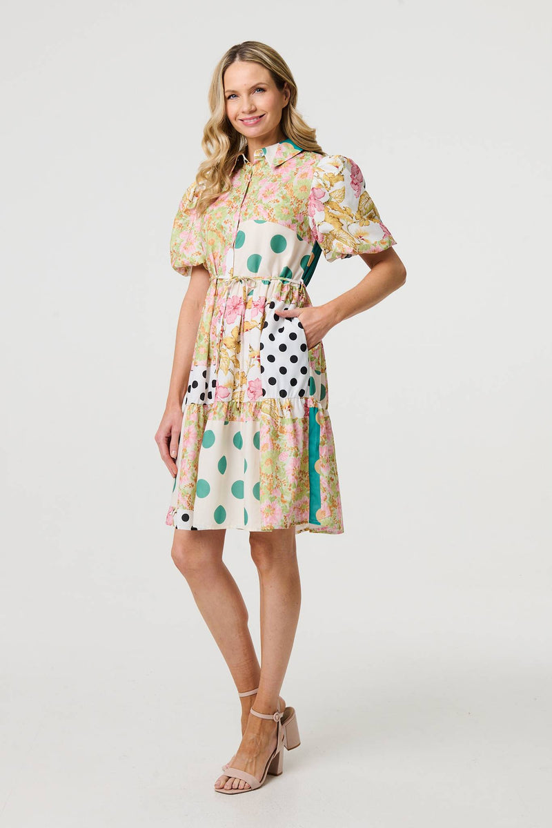 Patchwork Print Knee Length Shirt Dress