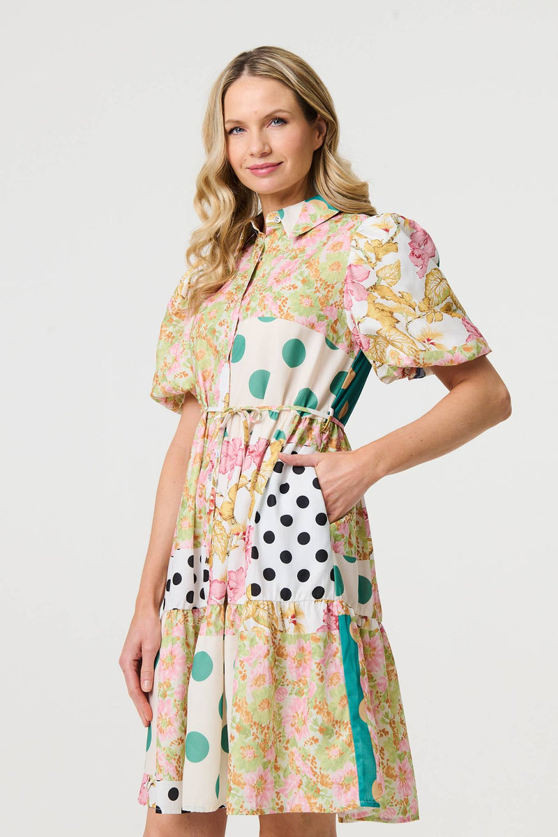 Patchwork Print Knee Length Shirt Dress