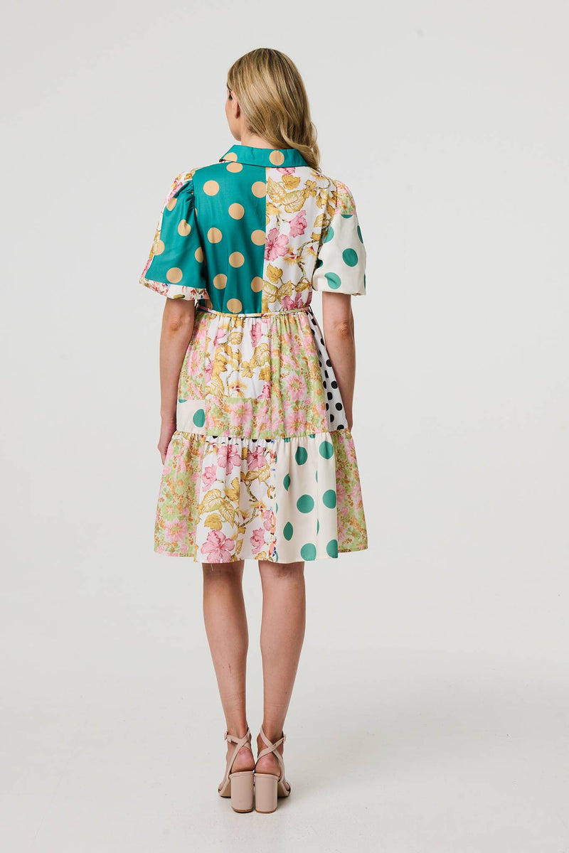 Patchwork Print Knee Length Shirt Dress