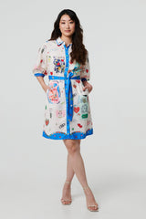 Abstract Tie Waist 3/4 Sleeve Shirt Mini Dress