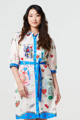 Abstract Tie Waist 3/4 Sleeve Shirt Mini Dress