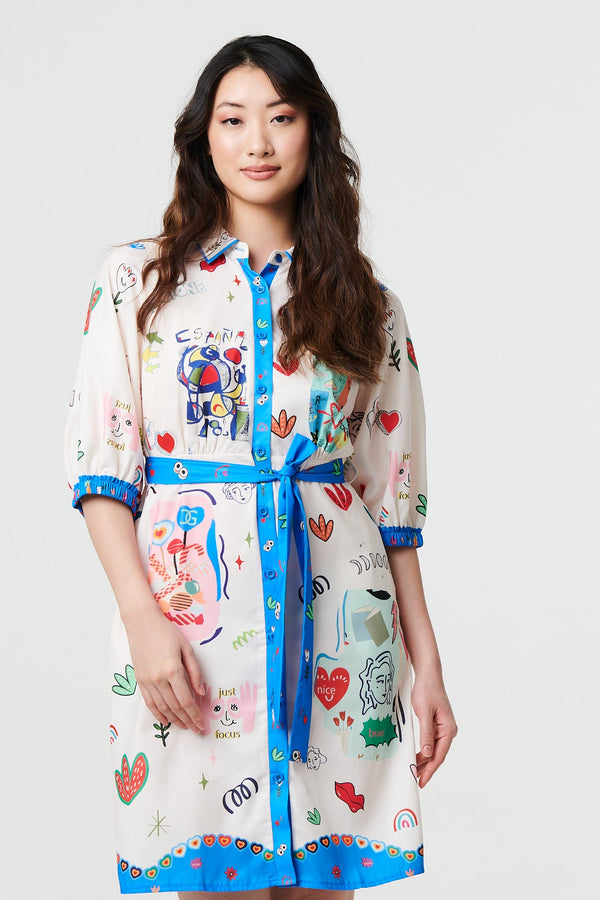 Abstract Tie Waist 3/4 Sleeve Shirt Mini Dress