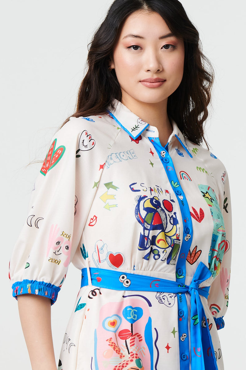 Abstract Tie Waist 3/4 Sleeve Shirt Mini Dress