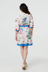 Abstract Tie Waist 3/4 Sleeve Shirt Mini Dress