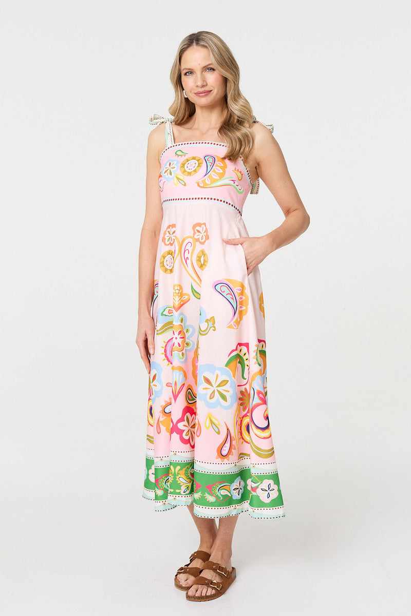 Paisley Print Tie Strap Sleeveless Midi Dress