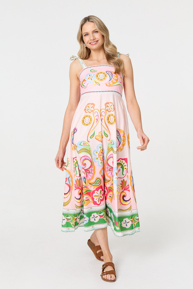 Paisley Print Tie Strap Sleeveless Midi Dress