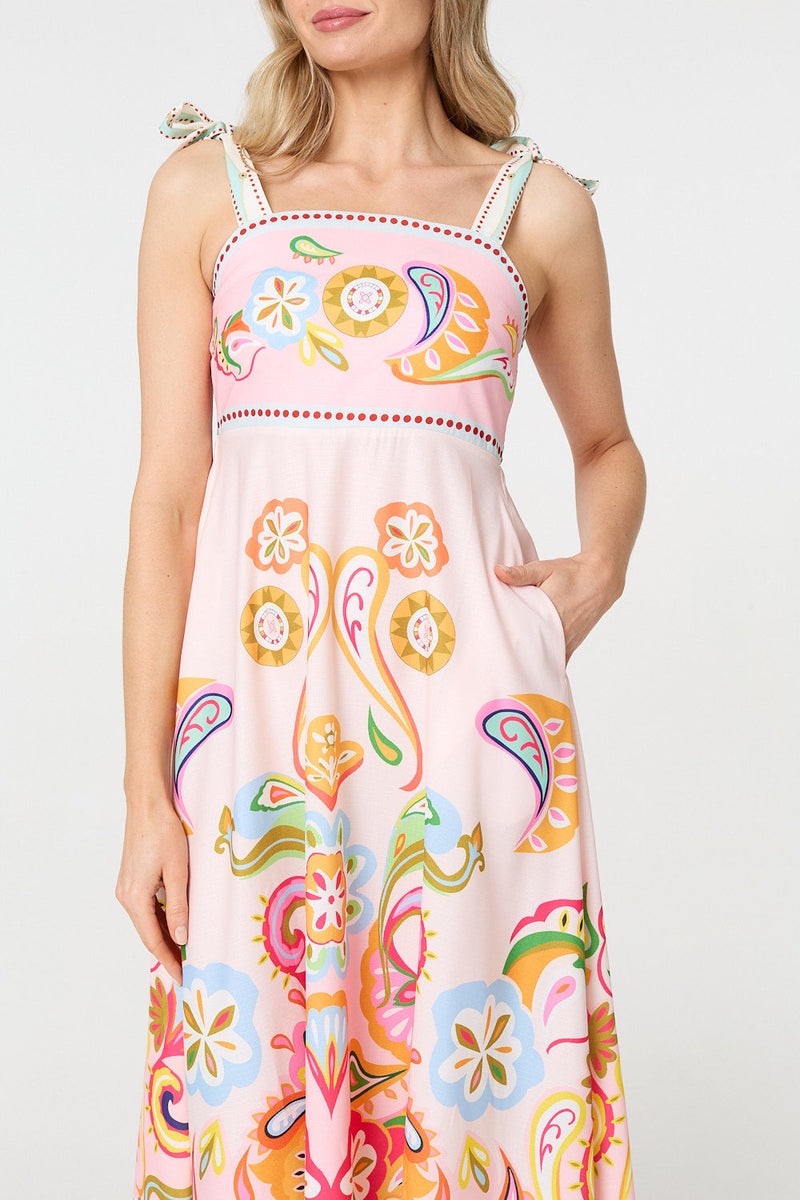 Paisley Print Tie Strap Sleeveless Midi Dress