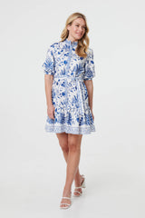 Printed Tie Waist 1/2 Sleeve Short Dress