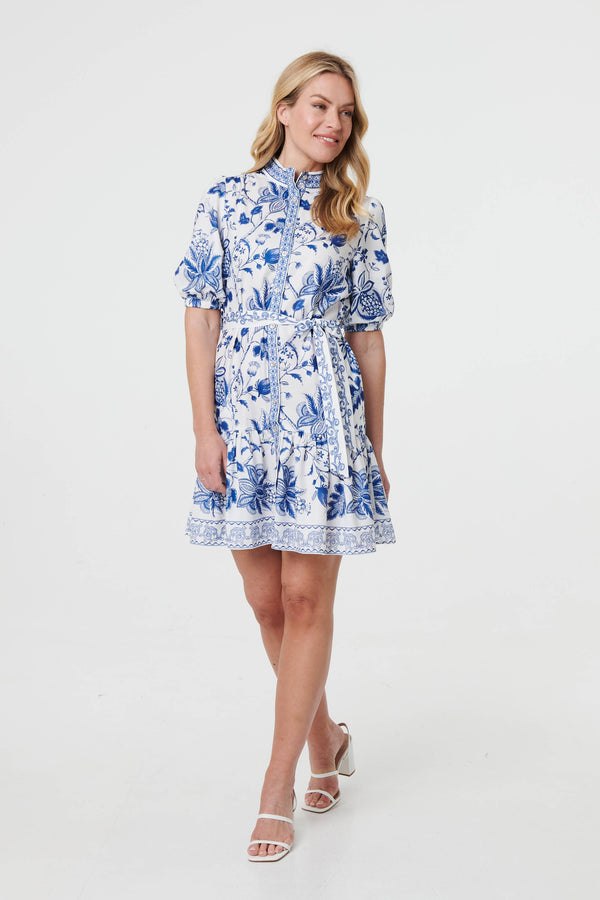 Printed Tie Waist 1/2 Sleeve Short Dress