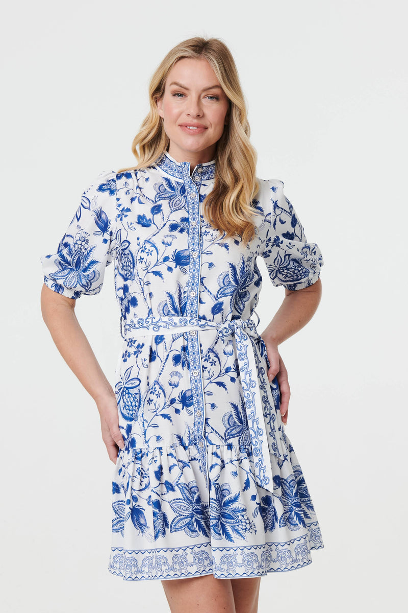 Printed Tie Waist 1/2 Sleeve Short Dress