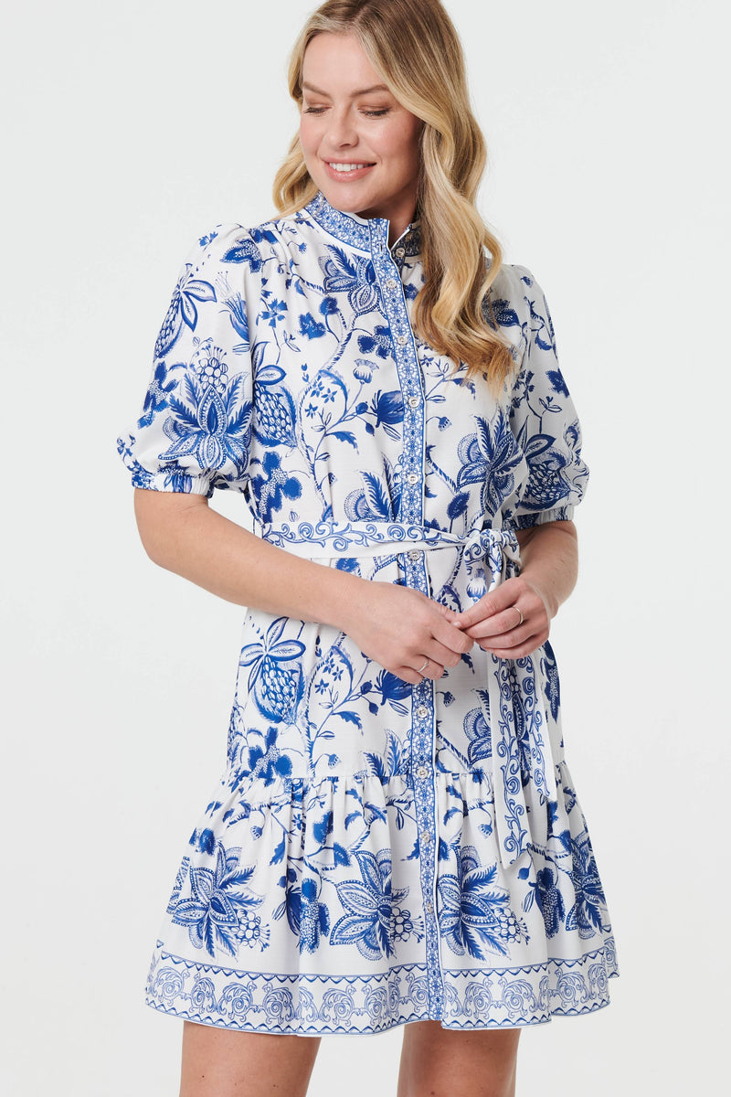Printed Tie Waist 1/2 Sleeve Short Dress