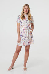 Floral High Neck Tie Waist Short Dress