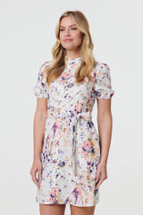 Floral High Neck Tie Waist Short Dress