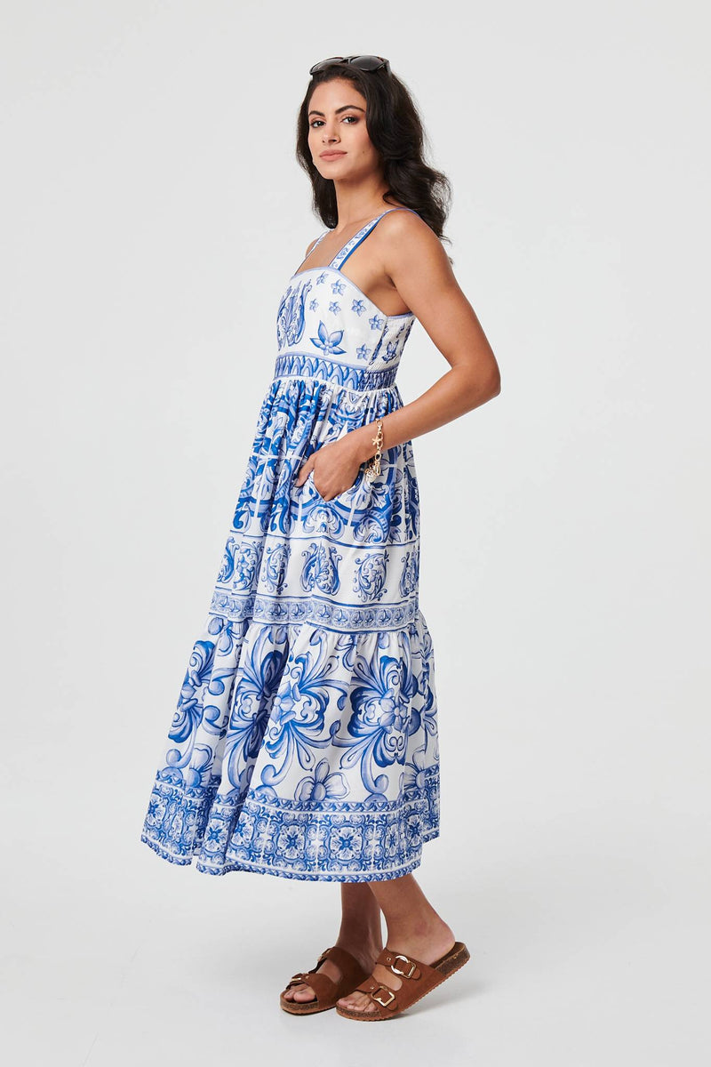 Mosaic Print Wide Strap Midi Sun Dress