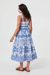 Mosaic Print Wide Strap Midi Sun Dress