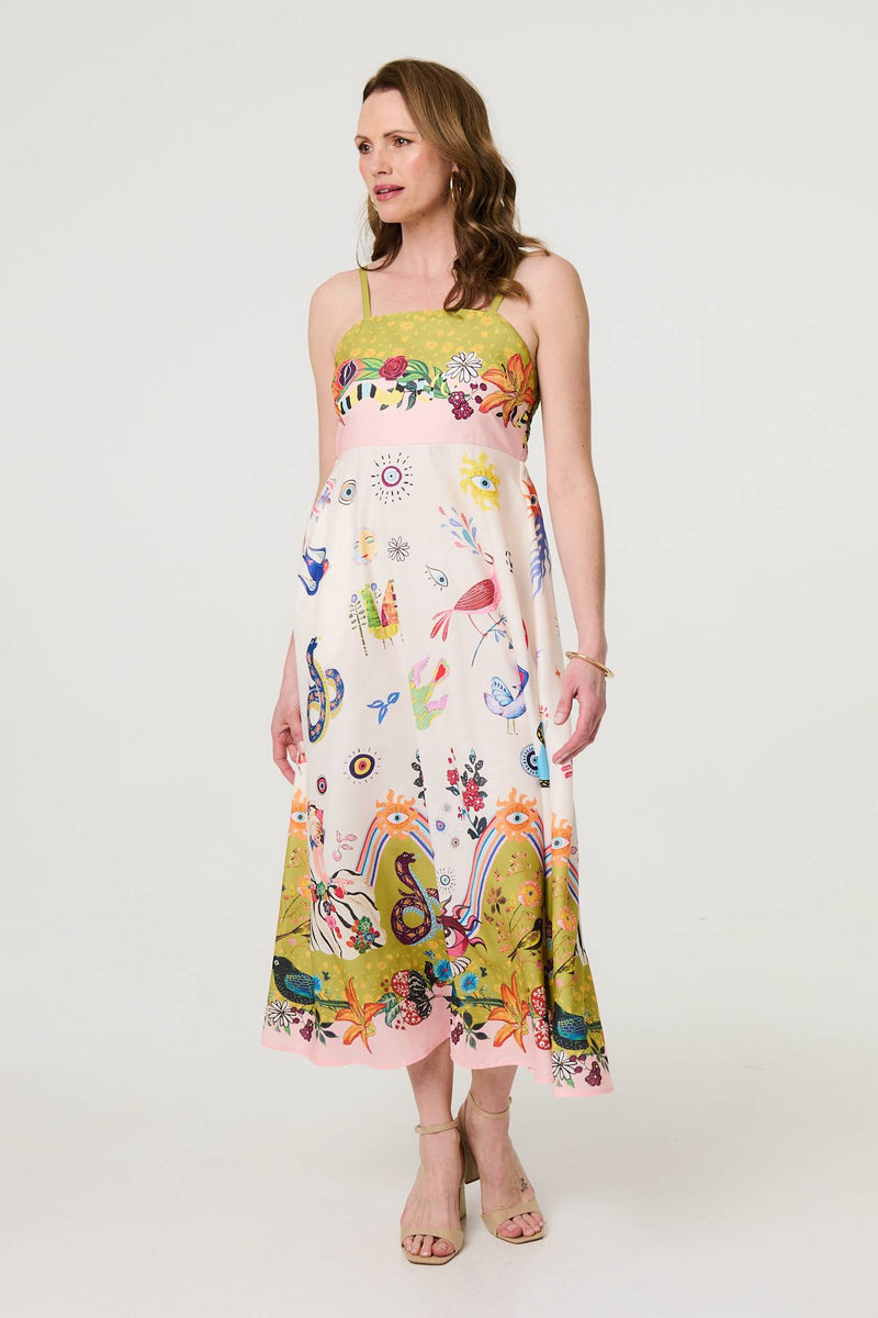 Printed A-Line Sleeveless Midi Dress