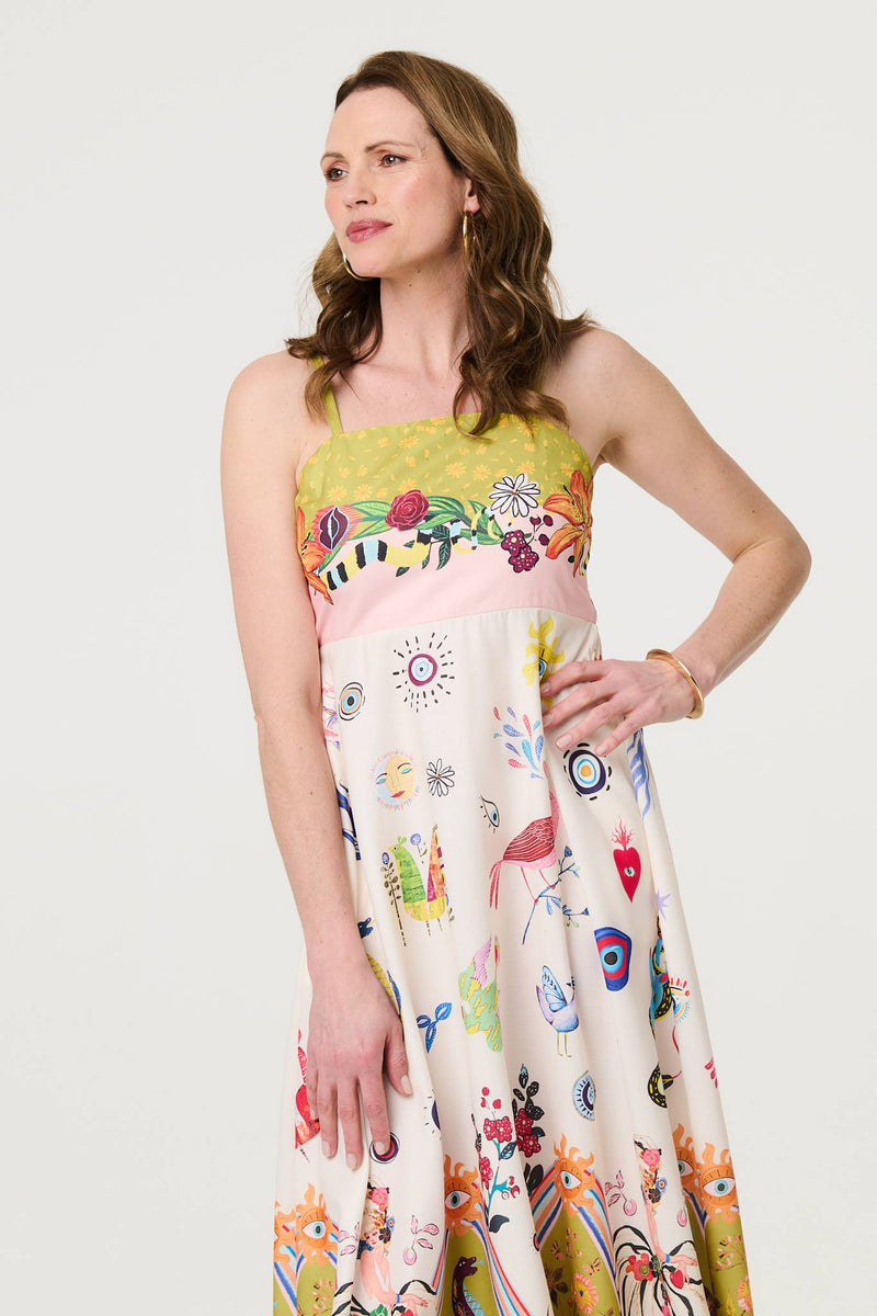 Printed A-Line Sleeveless Midi Dress