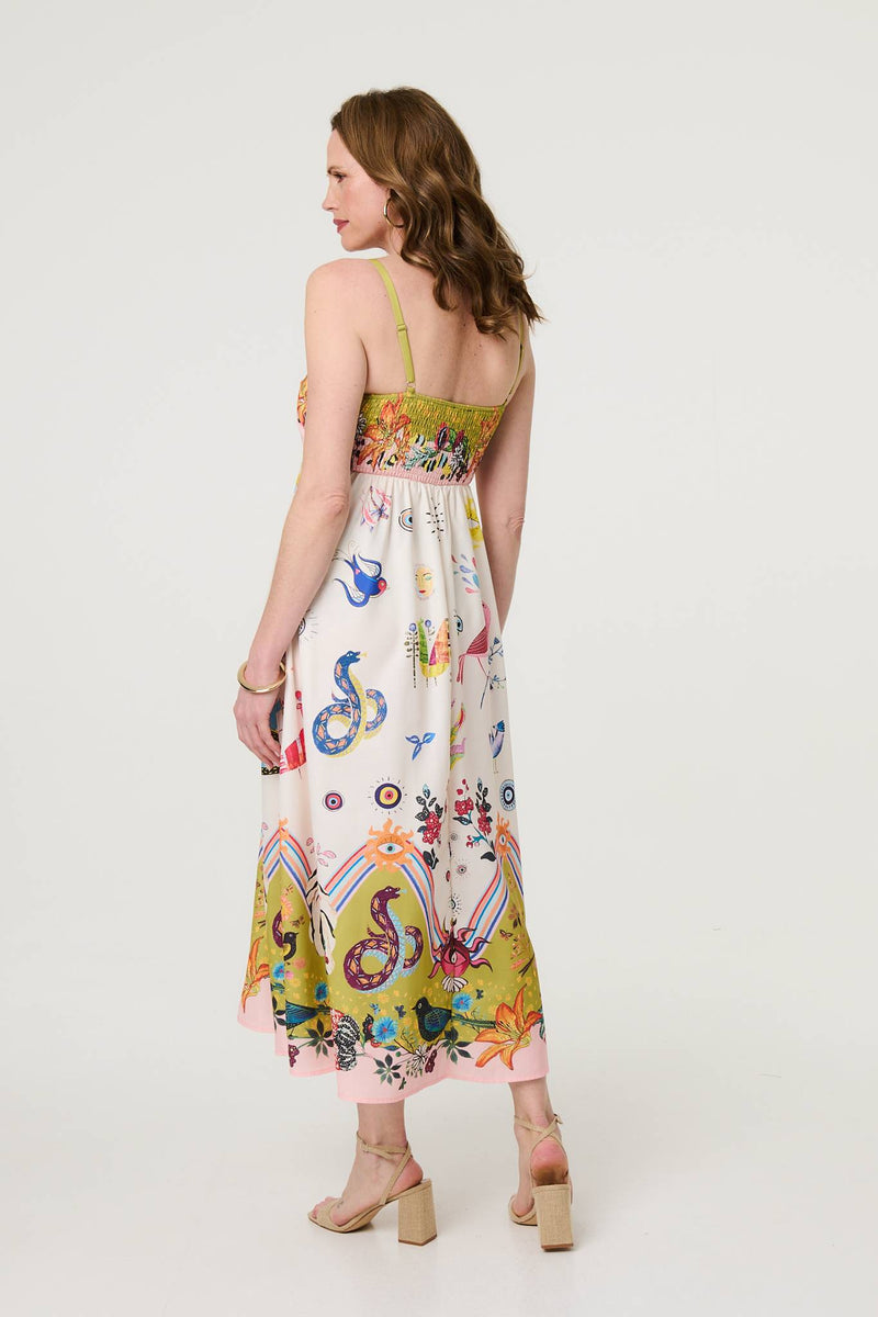 Printed A-Line Sleeveless Midi Dress