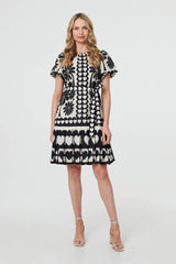 Heart Print Tie Waist Short Skater Dress