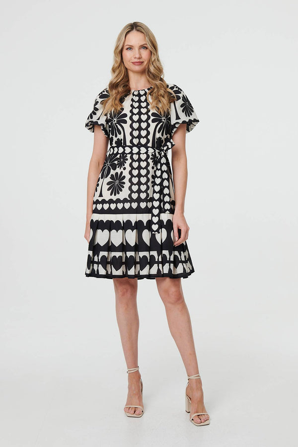 Heart Print Tie Waist Short Skater Dress