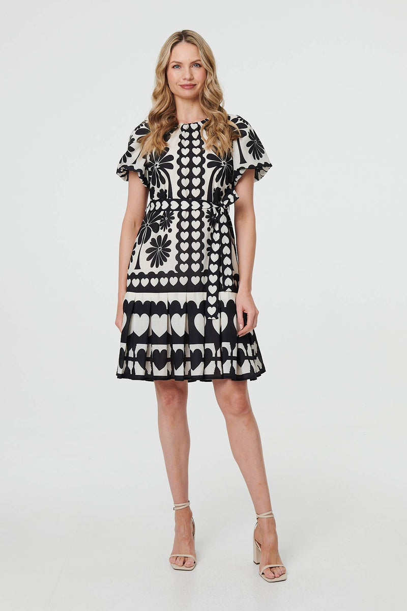 Heart Print Tie Waist Short Skater Dress