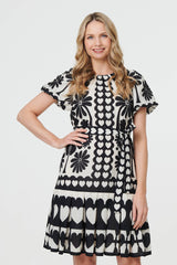 Heart Print Tie Waist Short Skater Dress