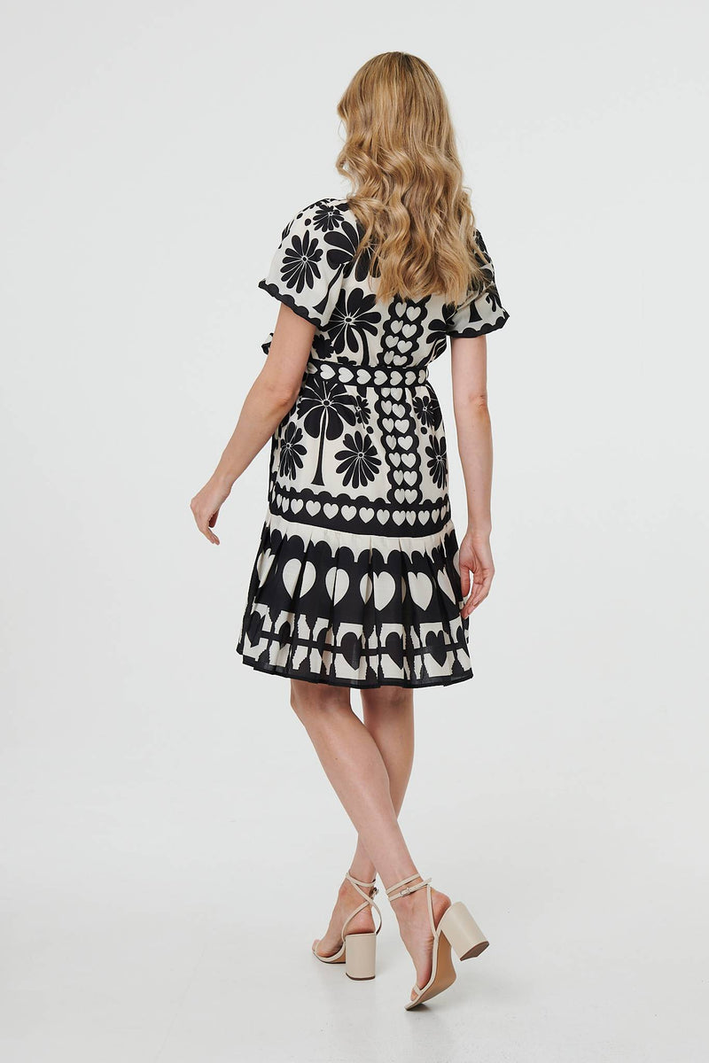 Heart Print Tie Waist Short Skater Dress