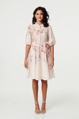 Floral 3/4 Puff Sleeve Knee Length Dress