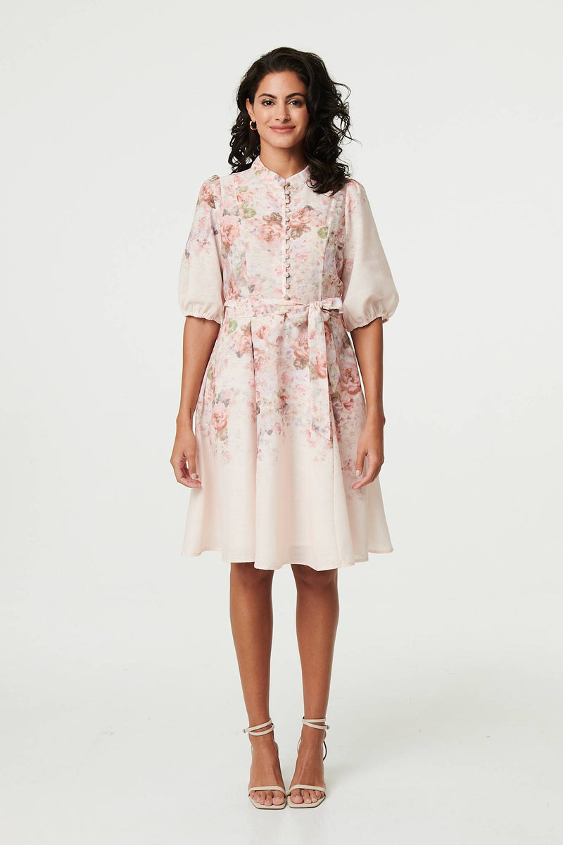 Floral 3/4 Puff Sleeve Knee Length Dress