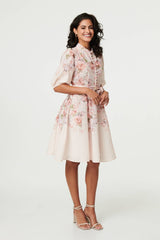 Floral 3/4 Puff Sleeve Knee Length Dress