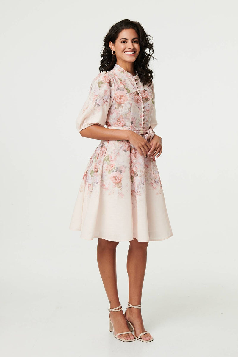 Floral 3/4 Puff Sleeve Knee Length Dress