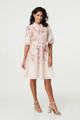Floral 3/4 Puff Sleeve Knee Length Dress