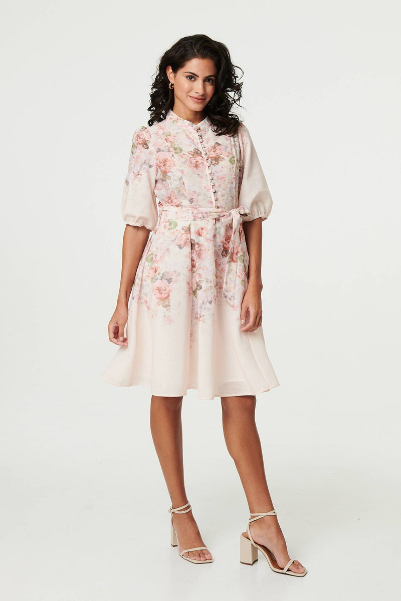 Floral 3/4 Puff Sleeve Knee Length Dress