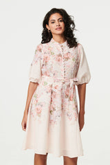 Floral 3/4 Puff Sleeve Knee Length Dress