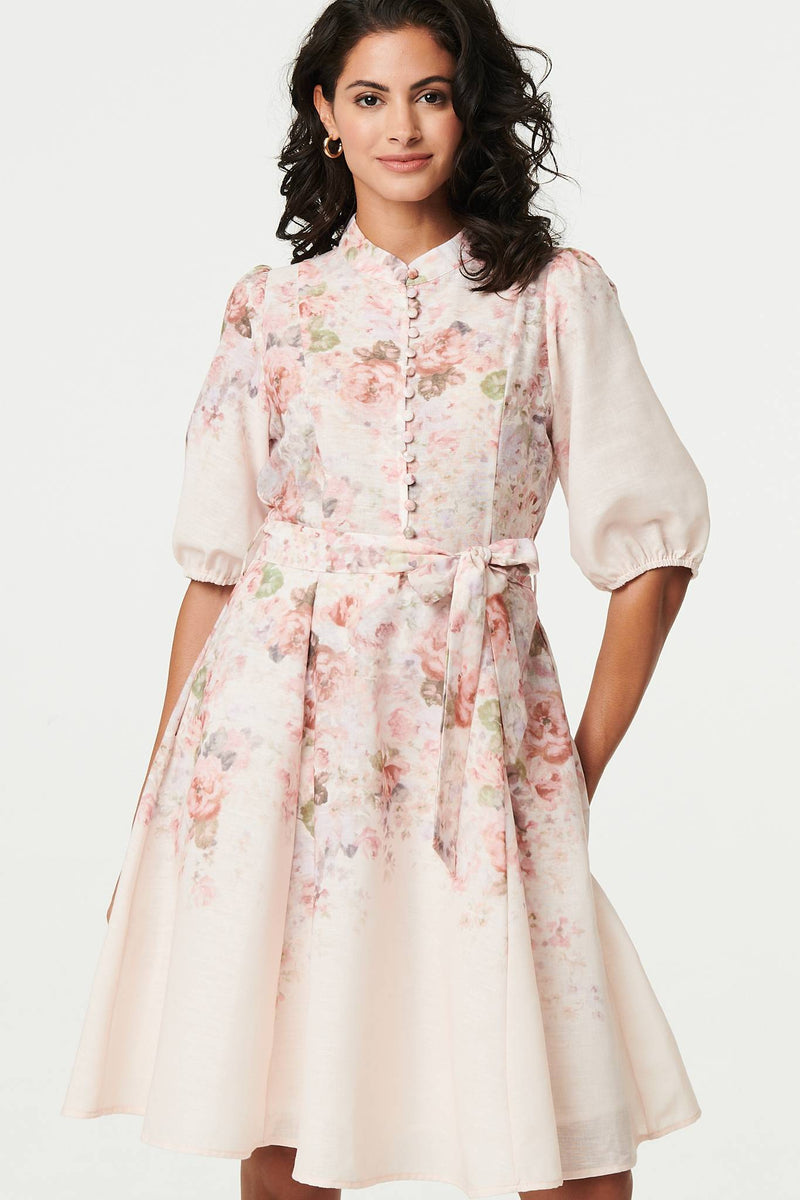Floral 3/4 Puff Sleeve Knee Length Dress