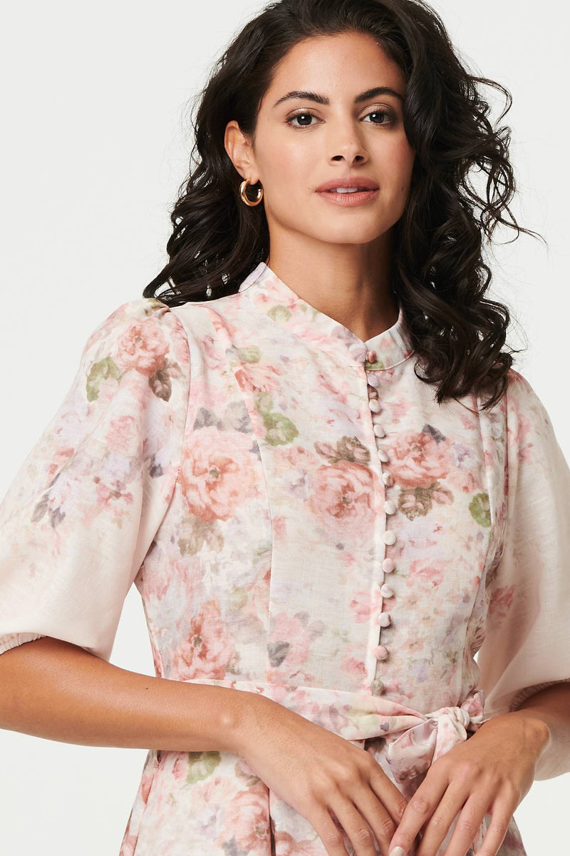 Floral 3/4 Puff Sleeve Knee Length Dress