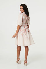 Floral 3/4 Puff Sleeve Knee Length Dress