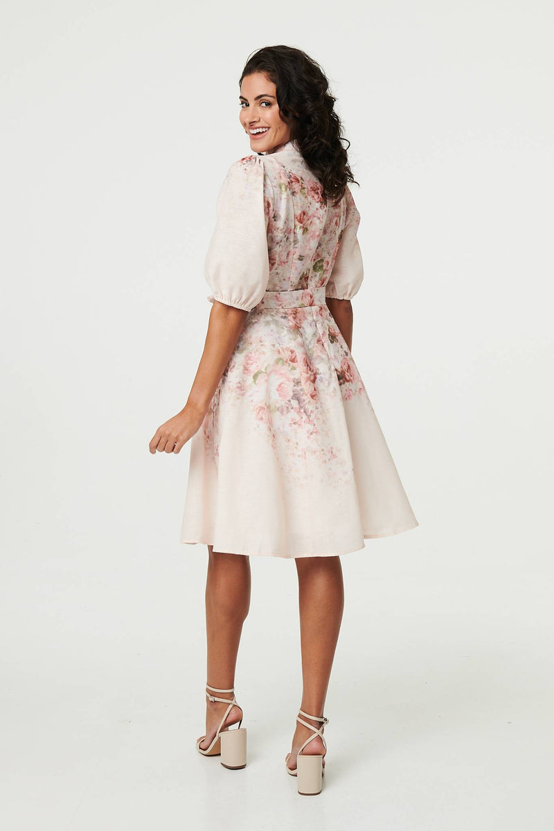 Floral 3/4 Puff Sleeve Knee Length Dress