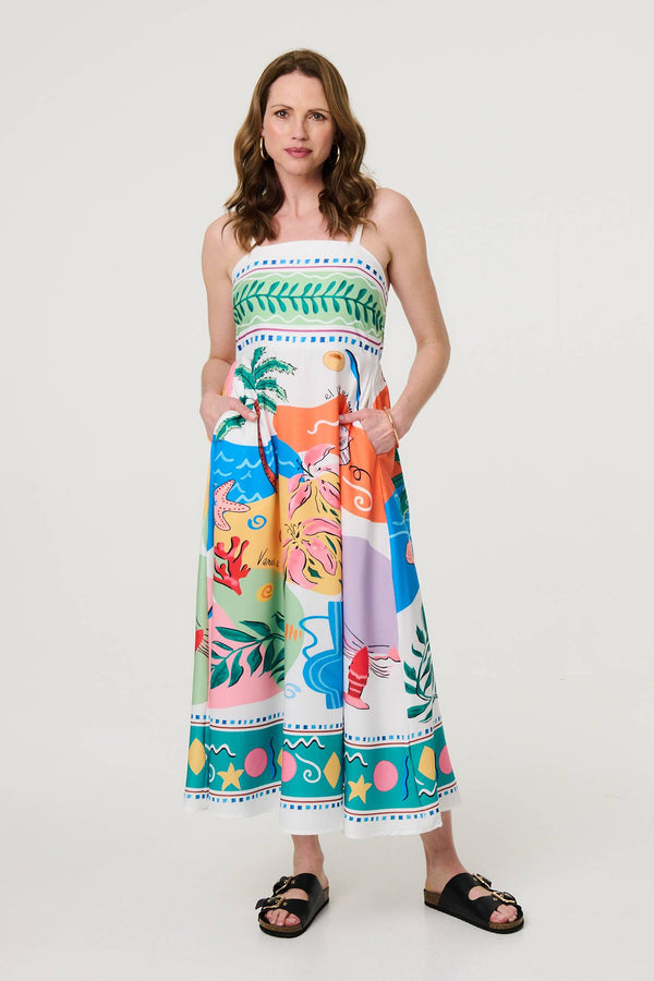 Tropical Print Sleeveless A-Line Maxi Dress