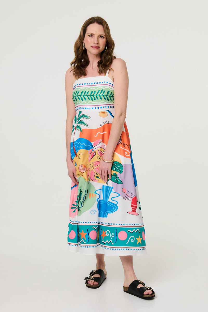 Tropical Print Sleeveless A-Line Maxi Dress