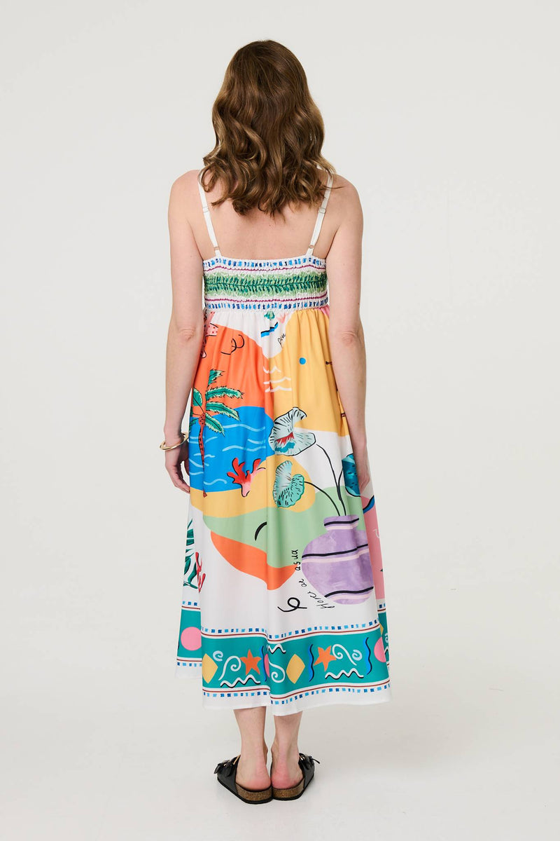 Tropical Print Sleeveless A-Line Maxi Dress