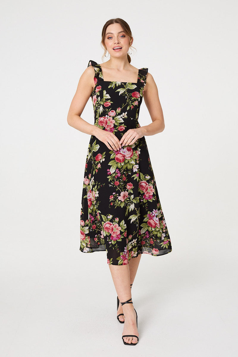 Floral Frill Sleeveless A-Line Midi Dress